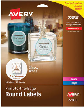 Avery® Round Print-to-the-Edge Labels with Sure Feed® Print-to-the Edge SureFeed, 2.5" dia, Glossy White, 90/PK