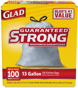 Glad® Tall Kitchen Drawstring Trash Bags,  24 x 27 3/8, 13 gal, 0.95 Mil, White, 100/Box 4 Boxes/Case