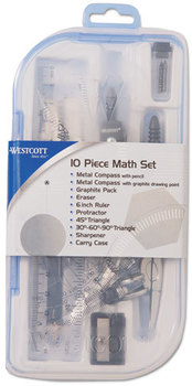 Westcott® Ten-Piece Math Set,  Blue and Gray Tools, Hard Plastic Case