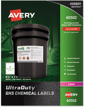 Avery® UltraDuty® GHS Chemical Waterproof & UV Resistant Labels and 4.75 x 7.75, White, 2/Sheet, 50 Sheets/Box