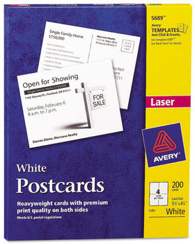 Avery® Printable Postcards Laser, 80 lb, 4.25 x 5.5, Uncoated White, 200 Cards, 4 Cards/Sheet, 50 Sheets/Box