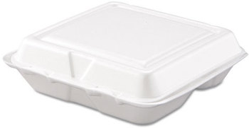 Dart® Foam Hinged Lid Containers,  Foam, 3-Comp, White, 8 x 7 1/2 x 2 3/10, 200/Carton