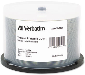 Verbatim® CD-R DataLifePlus Printable Recordable Disc,  700MB/80min, 52x, Spindle, White, 50/Pack