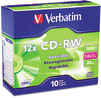 Verbatim® CD-RW High-Speed Rewritable Disc,  700MB, 4X-12X High Speed, Branded Surface, 10/PK Slim Case