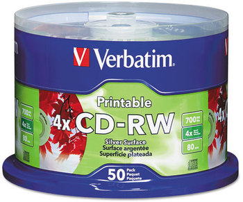 Verbatim® CD-RW DataLifePlus Printable Rewritable Disc,  Printable, 700MB/80min, 4x, Spindle, Silver, 50/Pack