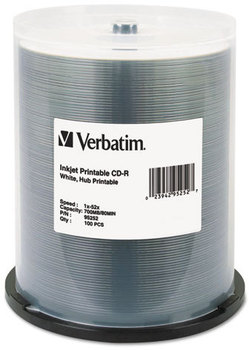 Verbatim® CD-R Printable Recordable Disc,  700MB, 52X, White Inkjet Printable, Hub Printable, 100/PK Spindle