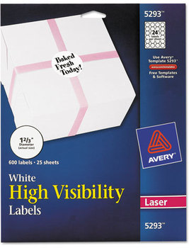 Avery® High-Visibility ID Labels Permanent Laser Print-to-the-Edge w/SureFeed, 1.66" dia, White, 600/PK