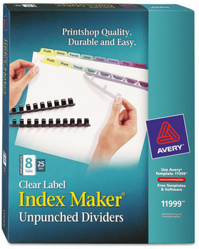 Avery® Index Maker® Print & Apply Clear Label Unpunched Dividers for Binding Systems with White Tabs,  8-Tab, Ltr, 25 Sets