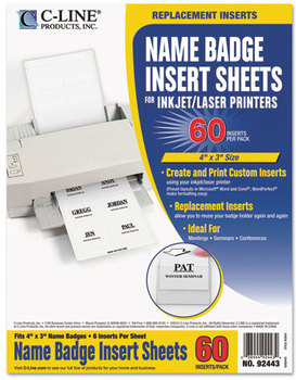 C-Line® Name Badge Inserts,  4 x 3, White, 60/Pack