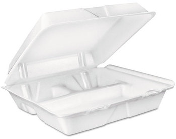 Dart® Foam Hinged Lid Food Containers, 3-Compartment, White, 9-2/5" x 9" x 3", 200/Case.