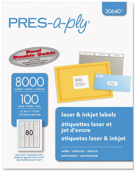 PRES-a-ply® Labels Inkjet/Laser Printers, 0.5 x 1.75, White, 80/Sheet, 100 Sheets/Pack