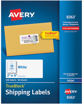 Avery® Shipping Labels with TrueBlock® Technology w/ Inkjet Printers, 2 x 4, White, 10/Sheet, 50 Sheets/Box