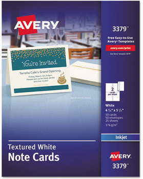Avery® Note Cards with Matching Envelopes Inkjet, 65lb, 4.25 x 5.5, Textured Uncoated White, 50 2 Cards/Sheet, 25 Sheets/Box