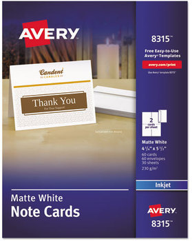 Avery® Note Cards with Matching Envelopes Inkjet, 85 lb, 4.25 x 5.5, Matte White, 60 2 Cards/Sheet, 30 Sheets/Pack