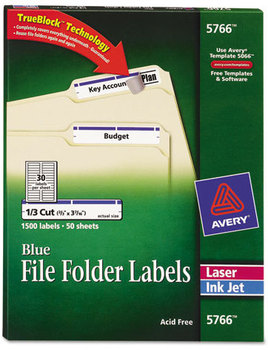 Avery® Permanent TrueBlock® File Folder Labels with Sure Feed® Technology 0.66 x 3.44, Blue/White, 30/Sheet, 50 Sheets/Box