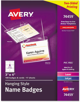 Avery® Name Badge Holder Kits with Inserts Necklace-Style w/Laser/Inkjet Insert, Top Load, 4 x 3, WE, 100/Box