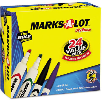Avery® MARKS A LOT® Desk-Style Dry Erase Marker Desk/Pen-Style Value Pack, Assorted Broad Bullet/Chisel Tips, Colors, 24/Pack (29870)