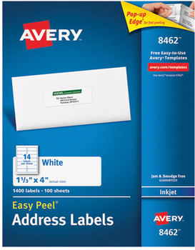 Avery® Easy Peel® White Address Labels with Sure Feed® Technology w/ Inkjet Printers, 1.33 x 4, 14/Sheet, 100 Sheets/Box