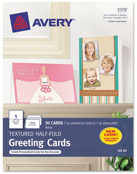 Avery® Greeting Cards with Matching Envelopes Half-Fold Inkjet, 65 lb, 5.5 x 8.5, Textured Uncoated White, 1 Card/Sheet, 30 Sheets/Box