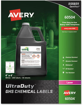 Avery® UltraDuty® GHS Chemical Waterproof & UV Resistant Labels and 4 x White, 4/Sheet, 50 Sheets/Box