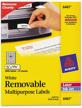 Avery® Removable Multi-Use Labels Inkjet/Laser Printers, 0.5 x 1.75, White, 80/Sheet, 25 Sheets/Pack