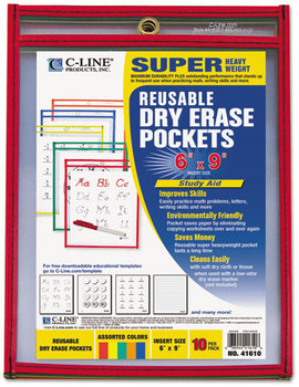 C-Line® Reusable Dry Erase Pockets,  6 x 9, Assorted Primary Colors, 10/Pack