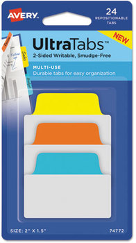 Avery® Ultra Tabs™ Repositionable Tabs,  2 x 1 1/2, Primary:Blue, Orange, Yellow, 24/Pack
