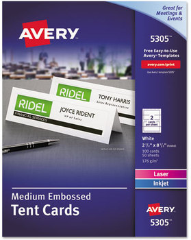 Avery® Tent Cards Medium Embossed White, 2.5 x 8.5, 2 Cards/Sheet, 50 Sheets/Box