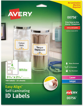 Avery® Easy Align™ Self-Laminating ID Labels,  Laser/Inkjet, 2 15/16 x 3 5/16, White, 100