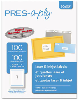 PRES-a-ply® Labels Laser Printers, 8.5 x 11, White, 100/Box