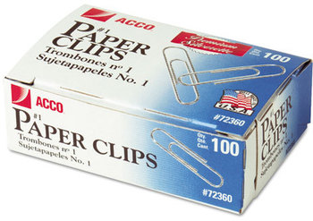 ACCO Premium Paper Clips,  Metal Wire, #1, Silver, 100/BX, 10 BX/PK
