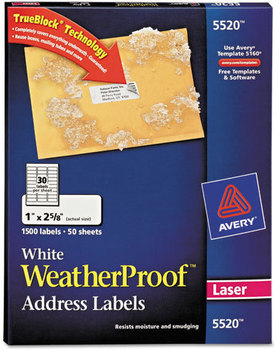 Avery® Waterproof Mailing Labels with TrueBlock® Technology Address and Sure Feed, Laser Printers, 1 x 2.63, White, 30/Sheet, 50 Sheets/Pack