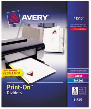 Avery® Customizable Print-On™ Dividers 3-Hole Punched, 5-Tab, 11 x 8.5, White, 5 Sets