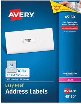 Avery® White Address Labels with Sure Feed® Technology for Laser Printers w/ 1 x 2.63, 30/Sheet, 250 Sheets/Box