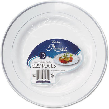 WNA Masterpiece™ Plastic Dinnerware,  10.25 in, White w/Silver Accents, Round, 120/Carton
