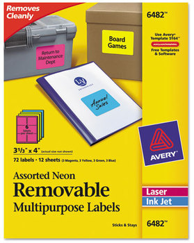 Avery® High-Visibility ID Labels High-Vis Removable Laser/Inkjet w/ Sure Feed, 3.33 x 4, Neon, 72/PK