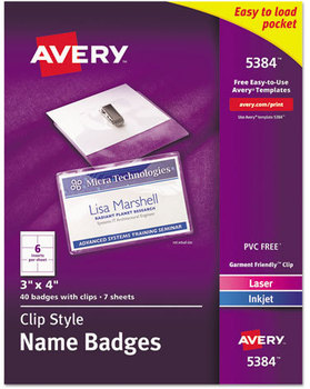 Avery® Name Badge Holder Kits with Inserts Clip-Style Laser/Inkjet Insert, Top Load, 4 x 3, White, 40/Box