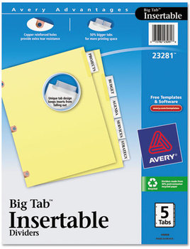 Avery® Insertable Big Tab™ Dividers 5-Tab, Single-Sided Copper Edge Reinforcing, 11 x 8.5, Buff, Clear Tabs, 1 Set