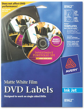 Avery® Inkjet DVD Labels Matte White, 20/Pack