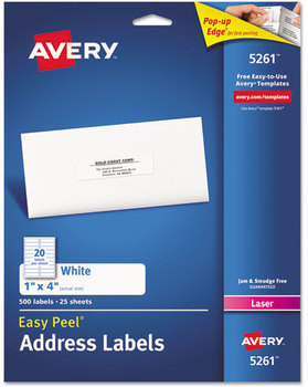 Avery® Easy Peel® White Address Labels with Sure Feed® Technology w/ Laser Printers, 1 x 4, 20/Sheet, 25 Sheets/Pack
