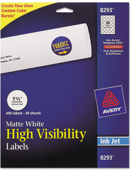 Avery® Vibrant Color Printing Mailing Labels Inkjet Color-Print w/ Sure Feed, 1.5" dia, White, 400/PK