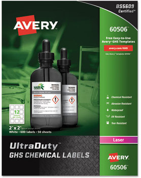 Avery® UltraDuty® GHS Chemical Waterproof & UV Resistant Labels and 2 x White, 12/Sheet, 50 Sheets/Box