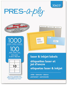 PRES-a-ply® Labels Laser Printers, 2 x 4, White, 10/Sheet, 100 Sheets/Box