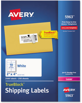 Avery® Shipping Labels with TrueBlock® Technology w/ Laser Printers, 2 x 4, White, 10/Sheet, 250 Sheets/Box