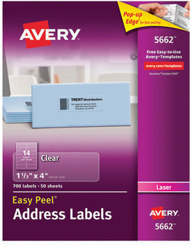 Avery® Matte Clear Easy Peel® Mailing Labels with Sure Feed® Technology w/ Laser Printers, 1.33 x 4, 14/Sheet, 50 Sheets/Box