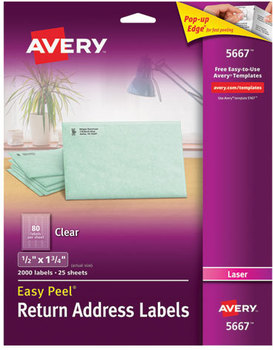 Avery® Matte Clear Easy Peel® Mailing Labels with Sure Feed® Technology w/ Laser Printers, 0.5 x 1.75, 80/Sheet, 25 Sheets/Box