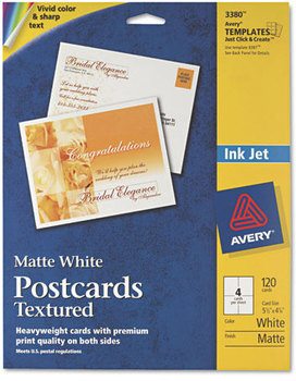 Avery® Printable Postcards Inkjet, 65 lb, 4.25 x 5.5, Textured Matte White, 120 Cards, 4 Cards/Sheet, 30 Sheets/Box