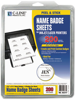 C-Line® Laser Printer Name Badges,  3 3/8 x 2 1/3, White, 200/Box