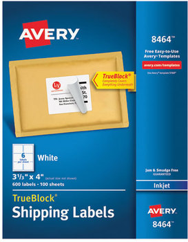 Avery® Shipping Labels with TrueBlock® Technology w/ Inkjet Printers, 3.33 x 4, White, 6/Sheet, 100 Sheets/Box