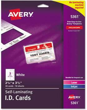 Avery® Self-Laminating ID Cards Laminated Laser/Inkjet 2 1/4 x 3 1/2, White, 30/Box